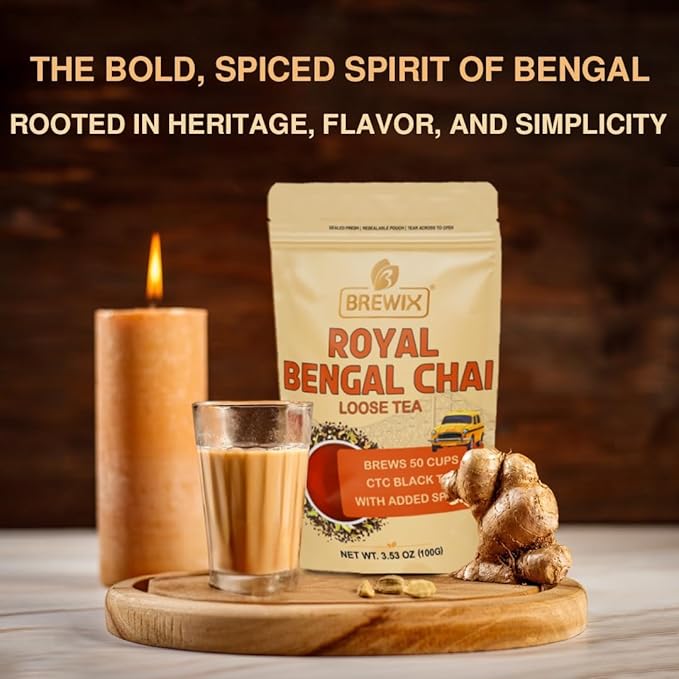 BREWIX, Royal Bengal Masala Chai Tea with Ginger and Cardamom | Loose Leaf CTC TEA (50+ Cups, 3.53oz/100g) Strong Robust & Aromatic, All Natural | Blended with Exotic Spices
