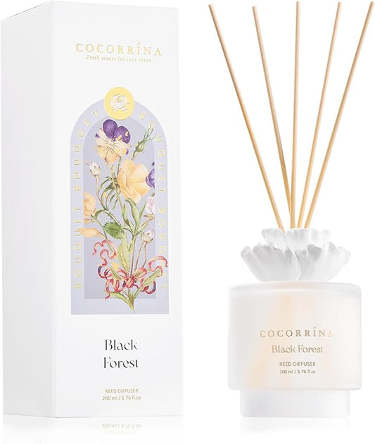 COCORRÍNA Gypsum Flower Reed Diffuser Set for Bathroom Décor – Black Forest Scent, 6.76 oz with Sticks & Oil – Home Fragrance for Bathroom & Living Space