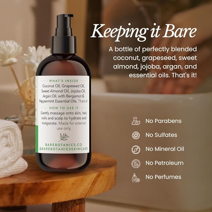 BARE BOTANICS 8 oz Moisturizing Mint Body Oil - 100% Pure & Natural for Skin & Nails - Perfect for Moisturization - Vegan, Cruelty Free & Naturally Scented Hair Oil