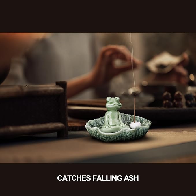 Incense Holder, Handmade Ceramic Frog Incense Burner, 4.5 Inch Insence-Stick Holder Ash Catcher, for Meditation Yoga Incense Burning Fragrance Decoration Household (Dark Green)
