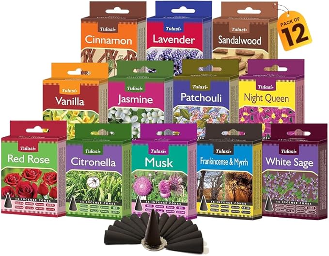 Tulasi Classic Incense Cones with Natural Oils Scents, Set of 12 Fragrances (180 Cones) Calming Home Aromatherapy, Meditation, Relaxing, Mixed Scents with Natural Oils, Thanks Giving