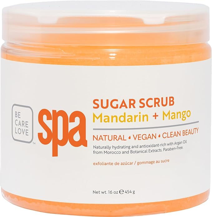 Be Care Love Spa Sugar Scrub Mandarin + Mango, natural, vegan and clean beauty 16 Oz Made in USA
