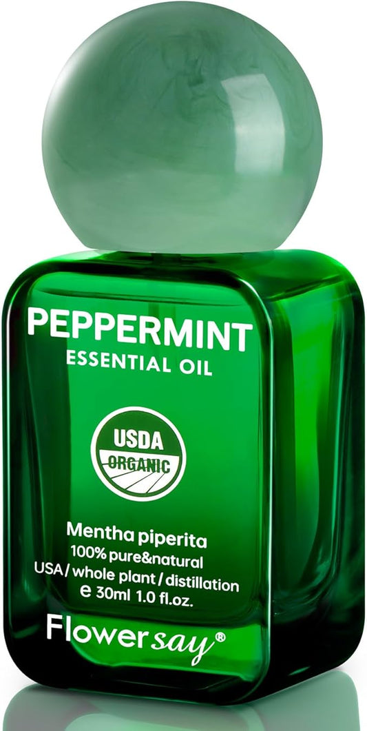 Flower Say Peppermint Essential Oil for Diffuser, USDA Organic Mint Oil for Hair Growth, 100% Pure Peppermint Oil for Skin, Aromatherapy, Candle Making & Garden Care-30ml