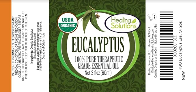 Healing Solutions Organic Eucalyptus Essential Oil 60ml/2oz – Pure Eucalyptus Aromatherapy Diffuser Oil