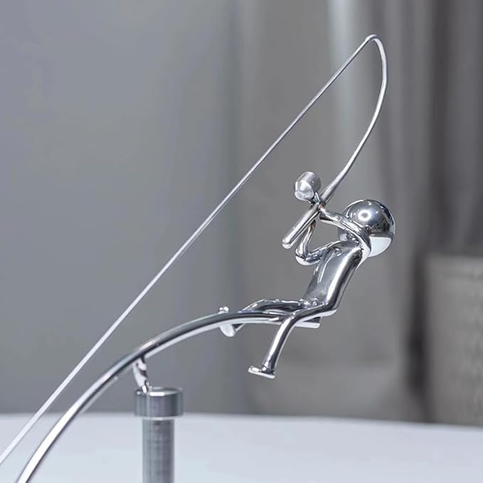 Kinetic Fishing Sculpture, Balance Art for Your Space, Metal Fishing Statue Home Office Desktop Ornament for Home Office Art Deco-B