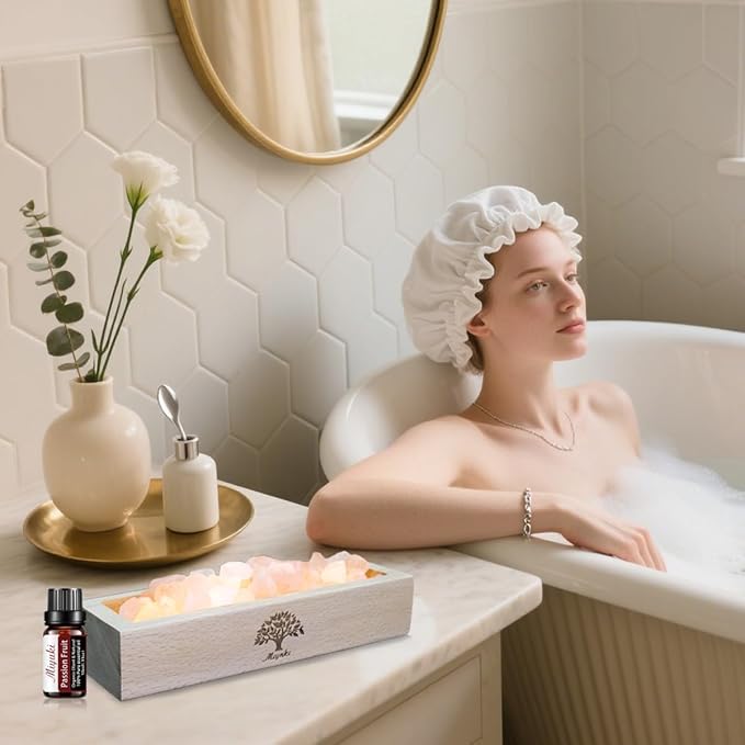 Himalayan Salt Lamp Diffuser - 300g Pink Salt with Wood Base, USB Powered, Warm Light & 10ml Passion Fruit Essential Oil Set for Aromatherapy, Relaxation, Meditation, Home Decor, Gifts