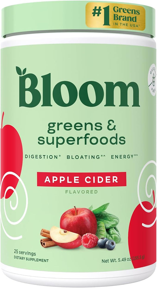 Bloom Nutrition Superfood Greens Powder, Digestive Enzymes with Probiotics and Prebiotics, Gut Health, Bloating Relief for Women, Chlorella, Green Juice Mix with Beet Root Powder, 25 SVG, Apple Cider