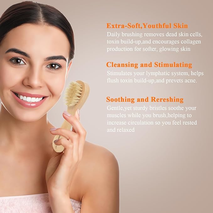 5 Packs Dry Brushing Set Natural Body Brush Wood Long Handle with 3 Detachable Heads, 1 Face Brush,Natural Boar Bristle Exfoliator for Lymphatic Drainage and Cellulite,Back Scrubber