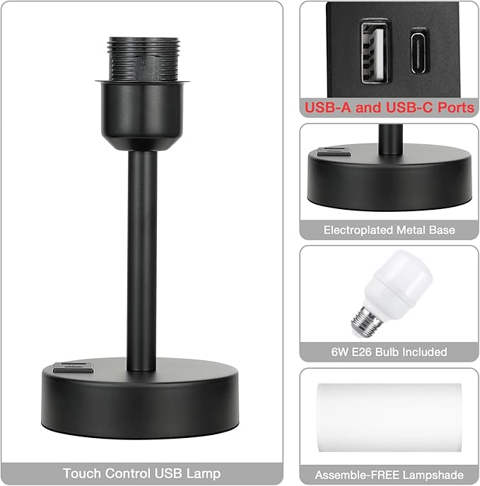 Bedside Touch Table Lamps for Bedroom Nightstand with USB-C USB-A Charging Ports White, 3 Way Dimmable Small Lamp Fabric Shade Black Base for Office, Living Room, Dorm Room Reading
