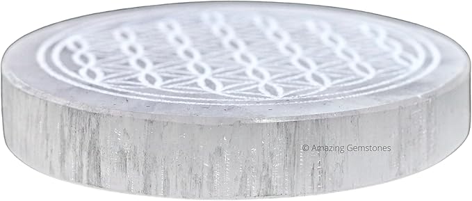 Amazing Gemstone Selenite Crystal Charging Plate For Crystals And Healing Stones, 3" Selenite Crystal Plate Engraved Flower of Life Coaster For Home, Office Table Decor (Selenite Round Disc)