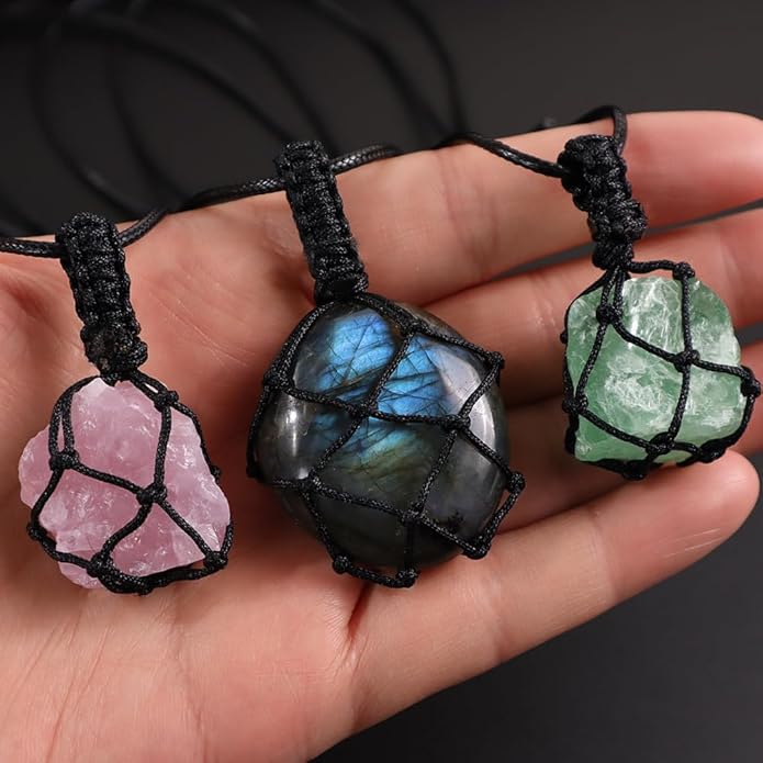 Handmade Natural Gemstone Crystal Pendant Necklace Stone Holder Necklace Cord Net Necklace with Adjustable Length for Women Men