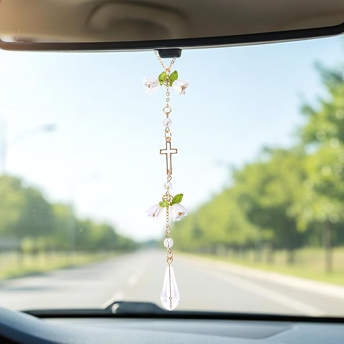 Cross Crystal Car Rearview Mirror Charm - Lily of The Valley Flower Beaded Pendant, Elegant Hanging Cars Interior Decor Ornament & Accessories, for Women Mom