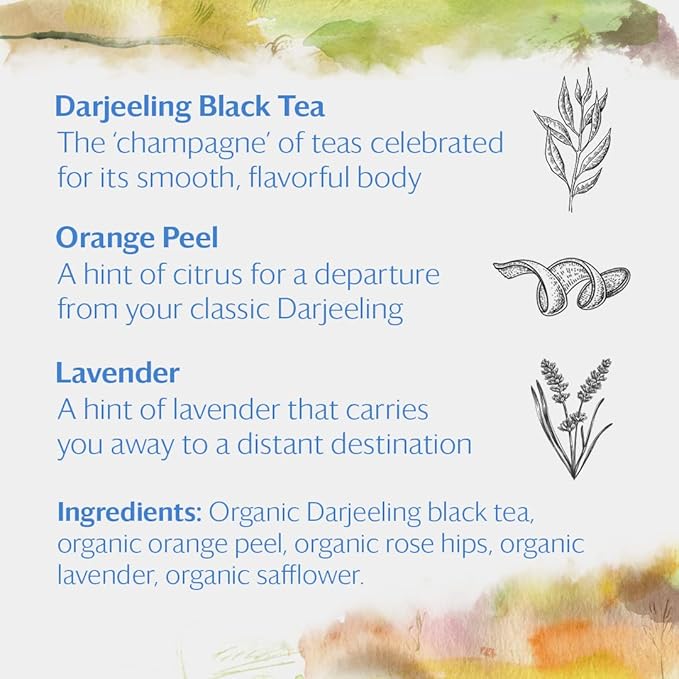 Grace Farms Organic Darjeeling Sunrise Black Tea, 50 Sachet Pouch | Darjeeling & Orange | Fairtrade & Kosher |Gives Back 100% of Profits