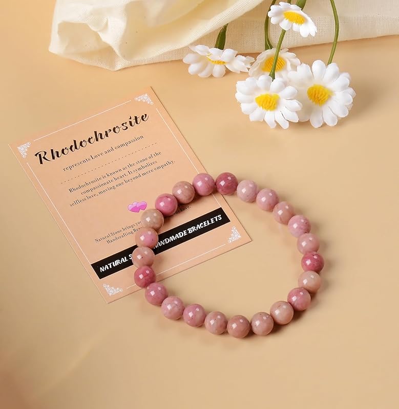 AD Beads Handmade Gemstone Stretch Elastic Bracelet Crystal Healing Reiki Nature's Beauty and Spiritual Essence Unisex (10mm, Rhodochrosite)
