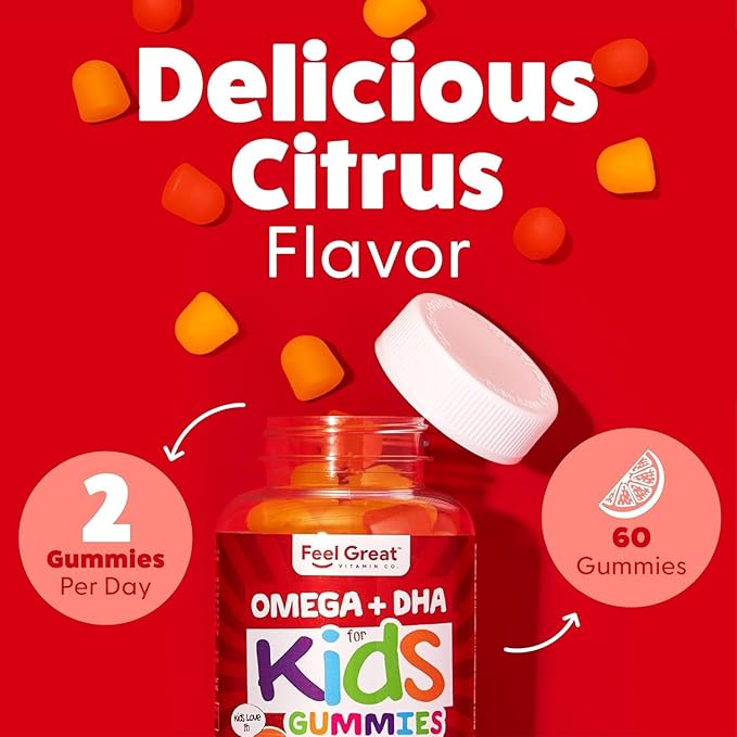 Feel Great Vitamins Kids DHA Gummies with Omega 3 6 9, Vitamin C | Supports Healthy Brain Function, Vision & Heart Health | Gluten Free, Vegetarian | 60 Gummies