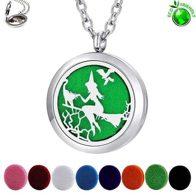 Essential Oil Diffuser Necklace - Aromatherapy Jewelry Halloween Stainless Steel Magic Witch Locket Pendant with 24 Inches Chain + 8 Washable Refill Pads Birthday