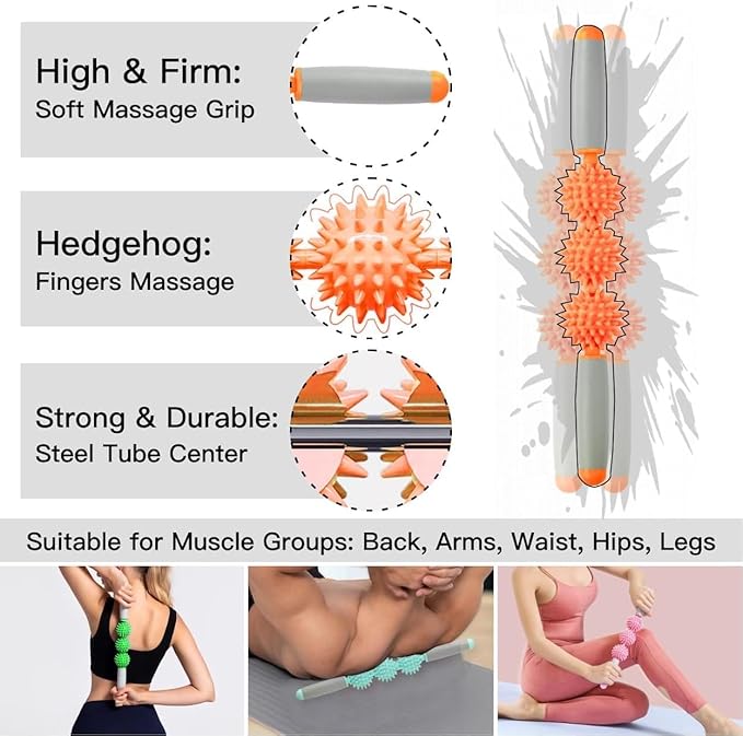 Fascia Muscle Roller, Cellulite Massager Fascia Roller for Cellulite and Sore Muscles, Neck, Leg, Back, Pressure Trigger Point Body Roller Deep Tissue Massage Stick Tools - 3 Massage Balls
