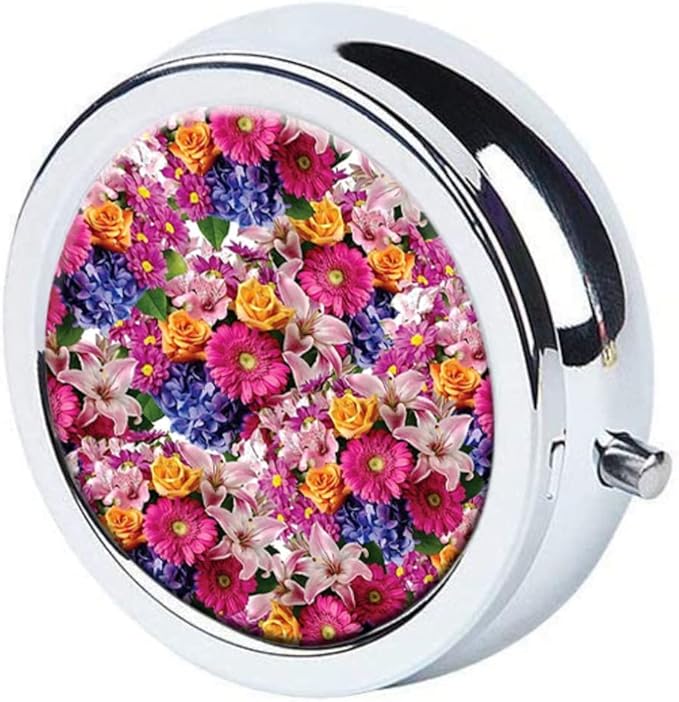 All Flowers Bloom Together Pill Box Purse Pocket Small Round Silver Pill Case Decorative Box Metal Medicine Vitamin Pill Organizer Portable Unique Gift