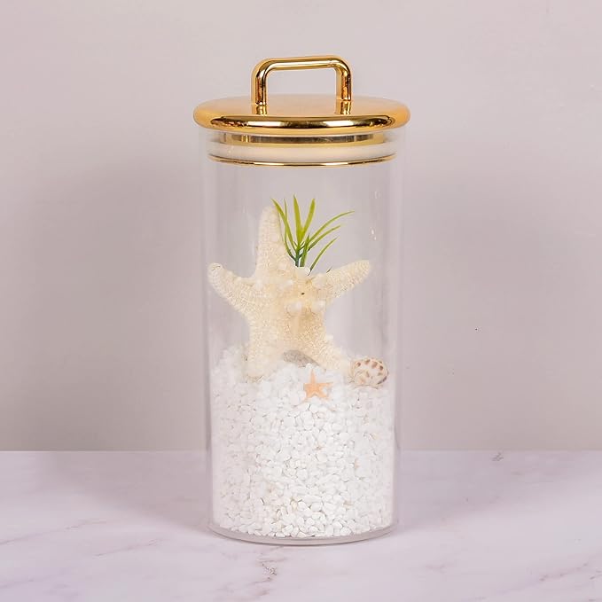 32 oz Large Acrylic Storage Apothecary Jar with Gold Airtight Lid | Bathroom Vanity Organizer Containers | Ideal Decorative Canisters for Shells, Bath Salt, Grains, Cotton Ball, Flossers