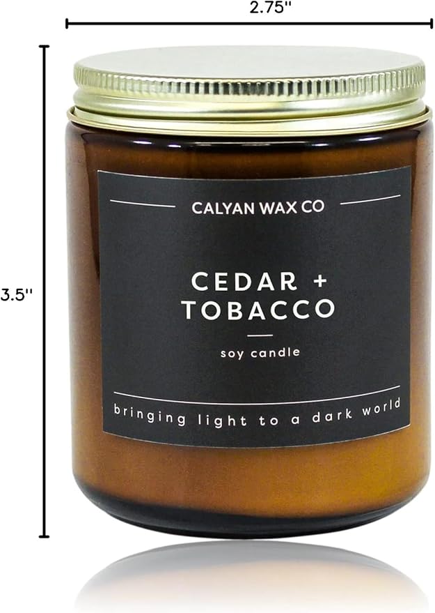 Calyan Wax Co. Soy Wax Candle, Cedar + Tobacco Scented Candle, 57 Hour Burn Time, Aromatherapy Soy Candles, Non Toxic & Vegan Soy Wax, Amber Glass Jar Scented Candles, 7.2oz