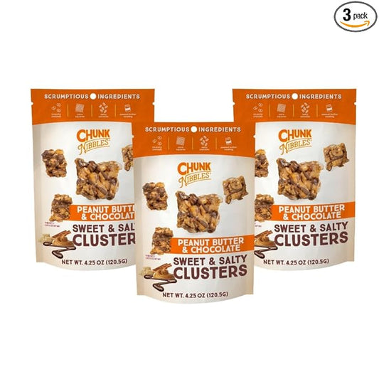 Chunk Nibbles Peanut Butter Chocolate Snack Clusters - Gourmet Sweet & Salty Treat with Pretzels, Peanuts & Corn Squares - Handcrafted, No Artificial Colors - 4.25oz Resealable Pouch (3 Pack)