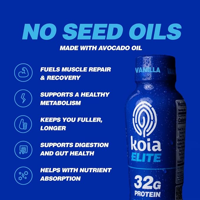 Koia Elite Plant Based Protein Shake, Vanilla, 32g Protein, 4g Sugar, 6g Prebiotic Fiber, Pre & Post Workout Nutritional Drink, No Seed Oils, Dairy-Free, Gluten-Free, Non-GMO, 12 Fl Oz (Pack of 12)
