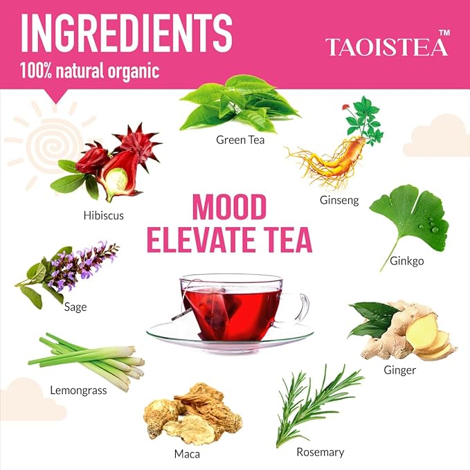 Mood Elevate Tea, Energizing Herbal Tea Blend with Ginseng, Green Tea, Ginkgo, Hibiscus, Uplifting Mood Booster and Healthier Coffee Alternative - 14 Bags