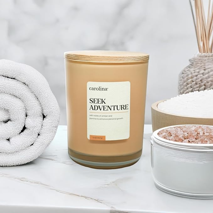 Carolina Seek Adventure Scented Candle, 16 oz Amber & Jasmine Scented, 2 Wick Wellness Relaxing Candle, 60H Burn Time, Ideal for Creating a Welcoming Home - Made in The USA