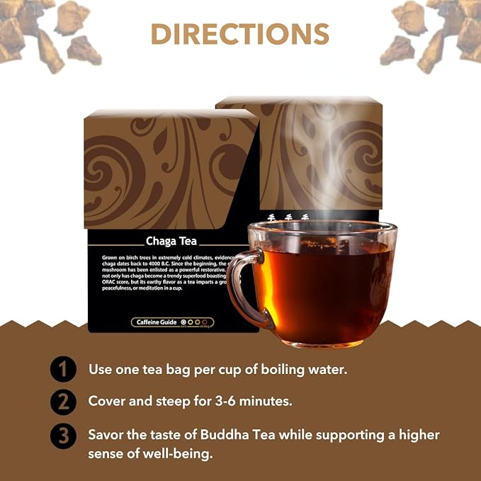 Buddha Teas - Chaga Tea - Organic Herbal Tea - For Cognitive Balance & Overall Health - With Chaga Mushroom, Antioxidants & B Vitamins - Caffeine Free - 100% Kosher & Non-GMO - 18 Tea Bags (Pack of 3)