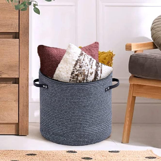 Cotton rope Storage Basket with Zipper cover & Woven baskets with Lid easy to move Multi-Purpose Storage Basket for Living Room, 13 x14 inches(DARK GREY)