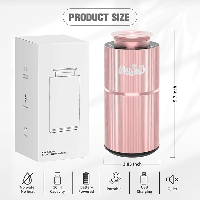 Smart Waterless Diffuser, Waterless Diffusers for Essential Oils with Timer & 3 Mist Levels, Super Silent Aromatherapy Essential Oil Diffuser Battery Operated for Car, Home, Office Rose Gold