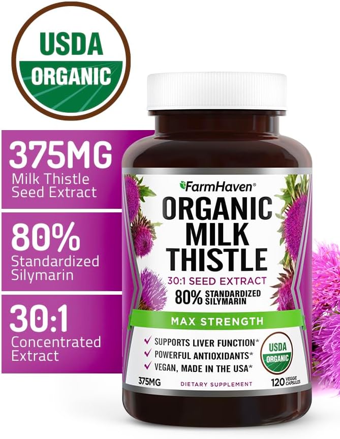 FarmHaven USDA Organic Milk Thistle Capsules |30X Concentrated Seed Extract & 80% Silymarin Standardized - Supports Liver Function and Overall Health | Non-GMO | 120 Veggie Capsules