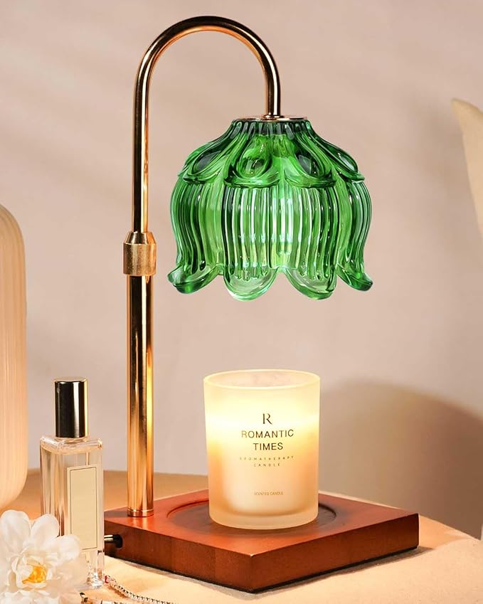 Candle Warmer Lamp with Timer Dimmable, Height Adjustable Birthday Gifts for Women Mom House Warming, Home Decor, Lotus Flower Candle Lamp Warmer 2 Bulbs Inc (Green)