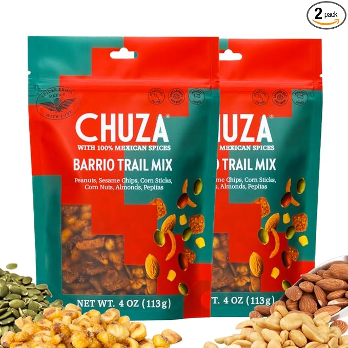 CHUZA Barrio Trail Mix – Spicy Crunchy Snack with 100% Mexican Spices – Peanuts, Corn Nuts, Almonds, Pepitas, Corn Sticks & Sesame Chips – High Protein, Gluten-Free – 4 oz (Pack of 2)