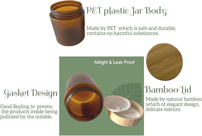 Empty Bamboo Lid Jar 8oz/250g,Refilable Plastic Round Cosmetic Containers for Powder,Body Butter,Cream,Lotion,Wide Mouth Makeup Sample Storage Pot Dispenser Brown