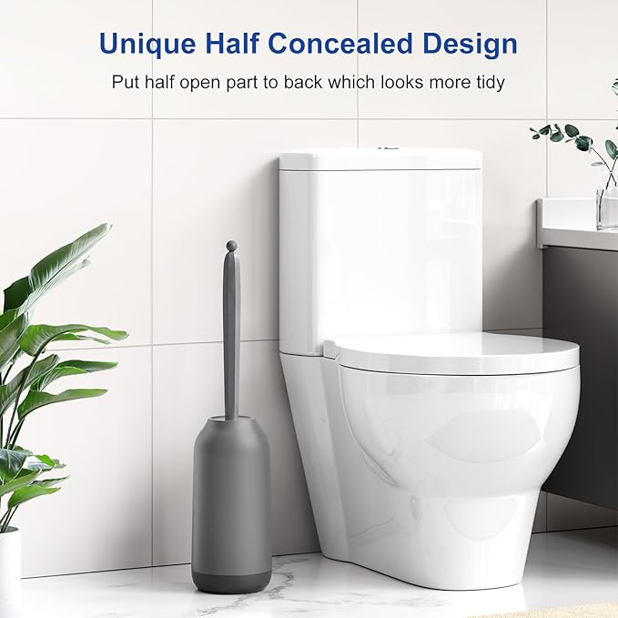 HAMITOR Toilet Bowl Brush Holder Set: Deep Cleaning Silicone Toilet Cleaner Scrubber Under Rim with Curved Bristle for Bathroom Dead Corner Clean - Modern Rv Toilet Decorative Accessories - Gray