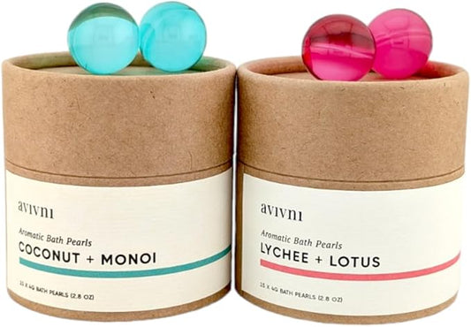 Avivni Bath Oil Beads- Lychee Lotus & Coconut Monoi Bath Pearls (2 Pack Variety- 15 Pearls Each), Mothers Day Gift Idea