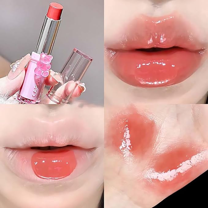3 Pcs Cute Bear Glossy Lipstick Set, Moisturizing Smooth Sweet Tinted Lip Balm, Hydrating Non-Stick Cup Jelly Lipstick Gift Set, Lip Makeup for Girls (Light Pink, 3 PCS)