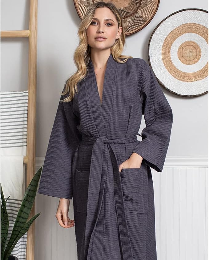 Lotus Linen Waffle Robes for Women - Lightweight Cotton Kimono Bathrobe - Long Soft Spa Bath Robe