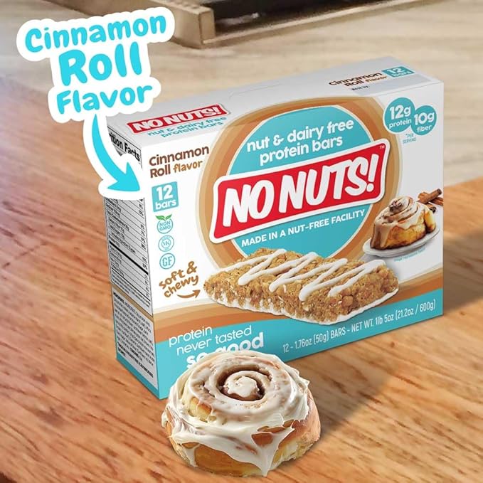 No Nuts! Cinnamon Roll Flavor Snack Bars - 100% Nut-Free Dairy Free Vegan Protein Bars, Protein + Energy Bars, Organic, Kosher, Egg-Free, Non-GMO & Dairy-Free Protein Bars 12 Count