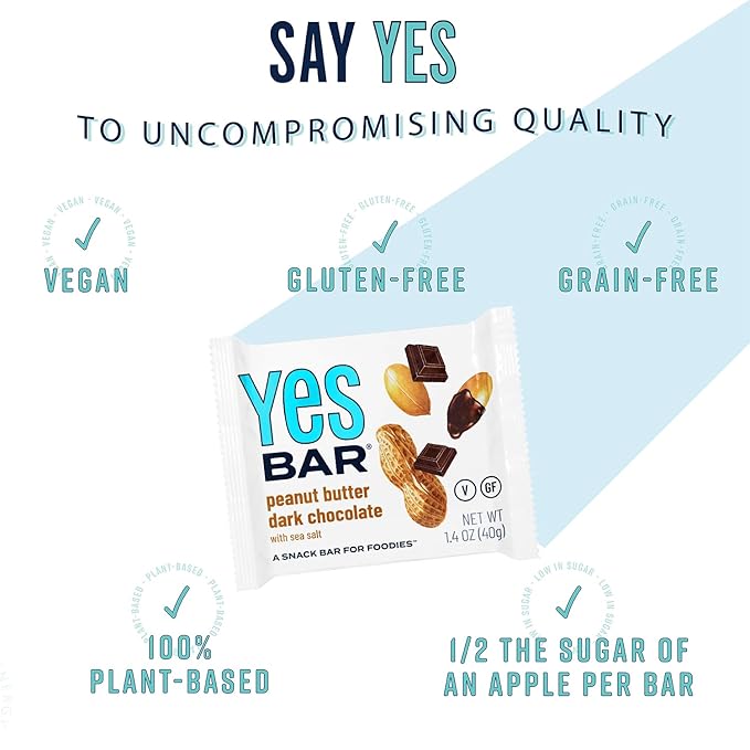 The YES Bar – Peanut Butter Dark Chocolate – Plant Based Protein, Decadent Snack Bar – Vegan, Paleo, Gluten Free, Dairy Free, Low Sugar, Healthy Snack, Breakfast, Low Carb, Keto Friendly (24 Count)