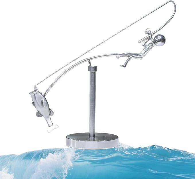 Kinetic Fishing Sculpture - Balance Art for Your Space, Kinetic Fishing Sculpture, Fisherman Home Decoration, Stainless Steel Balance Physics Toy (1PC*Silver)