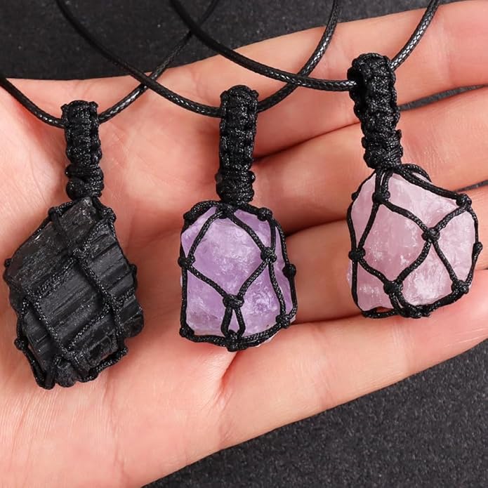 Handmade Natural Gemstone Crystal Pendant Necklace Stone Holder Necklace Cord Net Necklace with Adjustable Length for Women Men