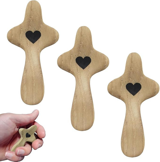 Atlodas Cross My Heart, Encouragement Gift, Relieve Anxiety Comfort for Clutching, Clinging and Praying, Pocket Olive Wood Cross Religious Gift for Children and Adults (B, 3Pcs)