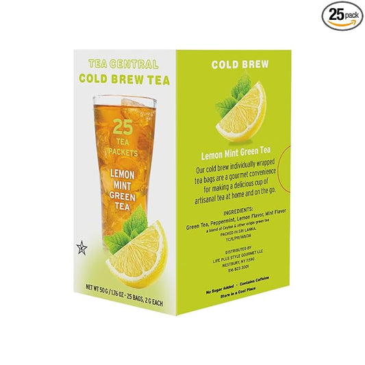 Life Plus Style Gourmet TEA CENTRAL Lemon Mint Green Tea Organic Ceylon Iced Green Tea Lemon Iced Drink Peppermint Cold Brew Tea Bags Refreshing Natural Flavored Wellness Tea Beverages 25 Tea Bags