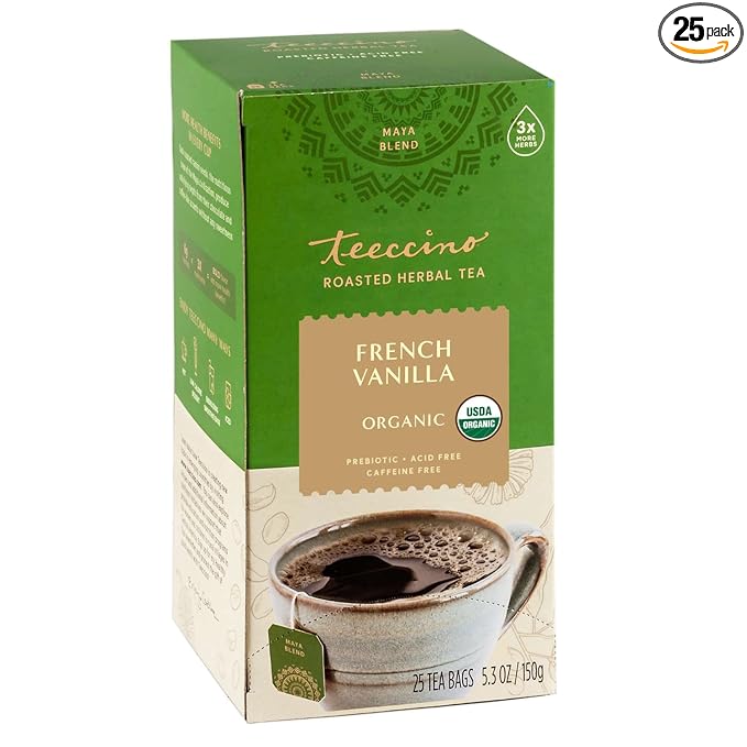 Teeccino French Vanilla Herbal Tea - Rich & Roasted Herbal Tea That’s Caffeine Free & Prebiotic for Natural Energy, Coffee Alternative, 25 Count