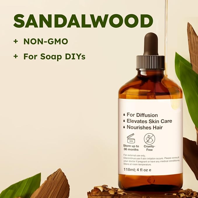 KUKKA Sandalwood Essential Oils - 4 Fl Oz - for Hair, Skin, Diffuser, Aromatherapy & DIY Soap Making Scent