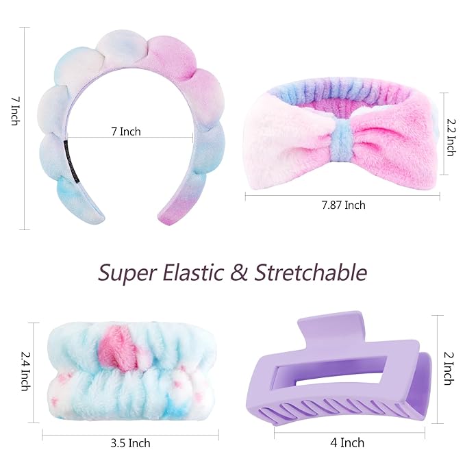 VELSCRUN Spa Headbands for Wash Face, Makeup Headband, Facial Skincare Headbands, 5 Pcs Colourful Puffy Sponge Spa Headband Bow Tie Hair Band Hair Clips Wristband Set Women Girls Accessories