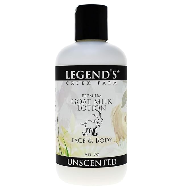Legend's Creek Farm Goat Milk Lotion - Moisturizing Goat Milk Body Lotion for Body, Hand & Face - 9 oz Body Moisturizer with Shea Butter, Sunflower Oil, Aloe, Handmade in USA (Unscented L.)