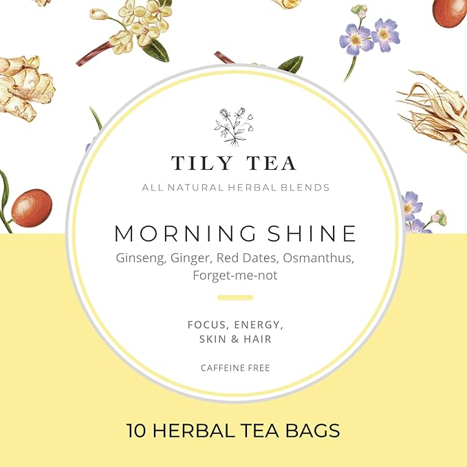 Tily Tea Morning Shine Breakfast Tea - Natural Herbal Tea for Focus and Energy - Ginger and Ginseng - Caffeine Free - 10 Plastic-Free Tea Bags